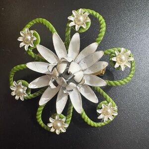Vintage white and green flower brooch